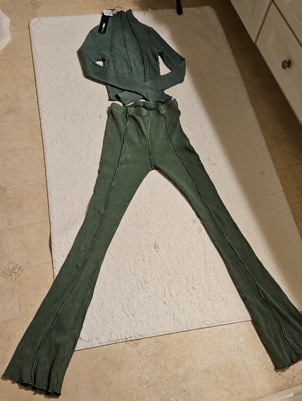 Fashion Nova Olive Green Ribbed Cropped Shirt And Flare Pants Set